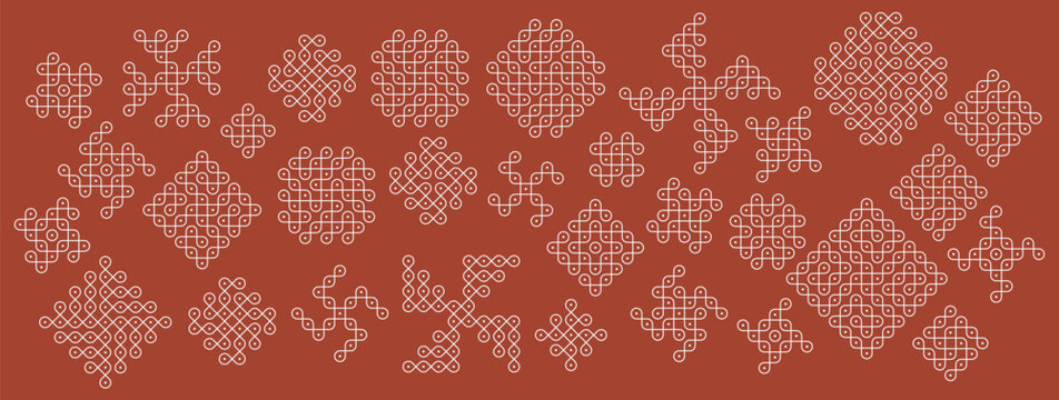 set of south indian spiral dotted rangoli vector illustration. 