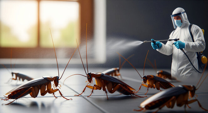 Pest control worker spraying insecticide on cockroaches indoors. Professional exterminator in protective gear eliminating a pest infestation. Pest management service concept for hygiene marketing.