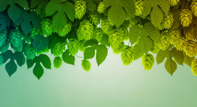Fresh green hop cones and leaves hanging against a light background. Close-up view of Humulus lupulus used for beer brewing. Craft brewery concept ideal for beverage marketing and branding.