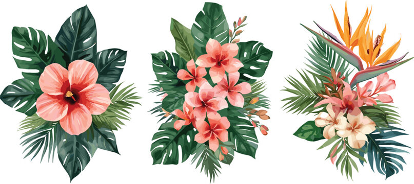 Tropical Floral Vector Bouquet Set featuring Watercolor Hibiscus Plumeria and Bird of Paradise Flowers with Monstera Palm Leaves for Summer Invitation Designs
