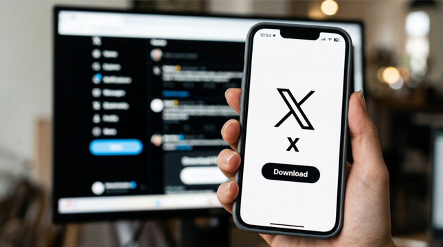 Closeup of a hand holding a smartphone displaying the X logo and download button with a computer monitor in the background showing the social media platform interface and rebranding profile page