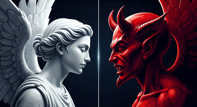 Angel and devil figures facing each other in profile. White celestial being contrasting with a red demonic figure. Good vs evil concept, ideal for morality, ethics, and spiritual choice themes.