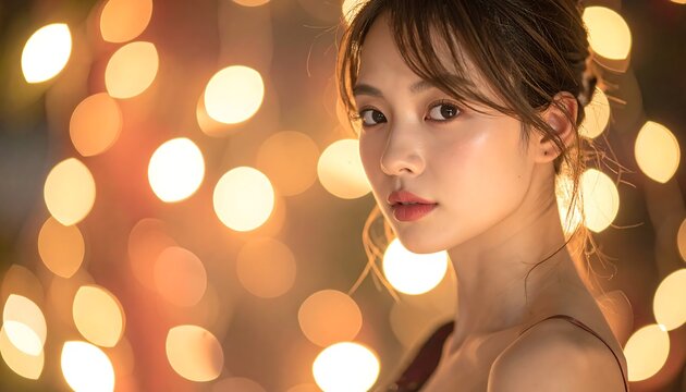 A woman with a serene expression against a backdrop of warm, glowing lights