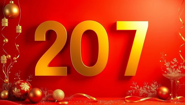 Golden Number 207 on a Festive Red Background with Ornaments.