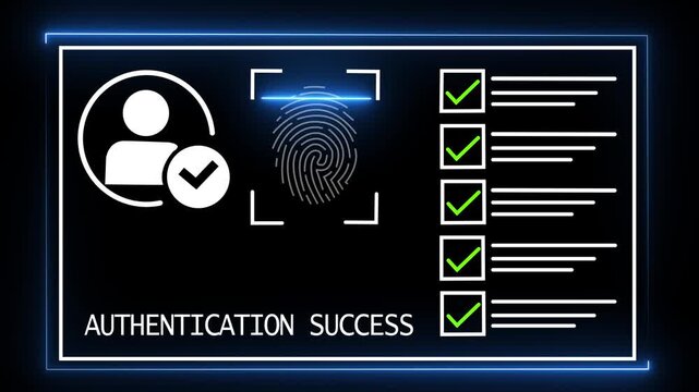 Digital biometric fingerprint authentication success interface featuring glowing neon ui secure identity verification process, data access granted, cyber security concept, high-tech system