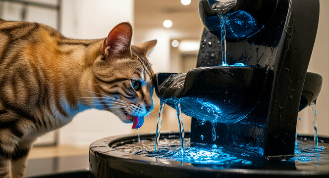 Bengal cat drinking water from a modern tiered indoor fountain with blue LED lights. Close-up of a thirsty pet lapping fresh water in a home. Pet hydration concept for animal care marketing.