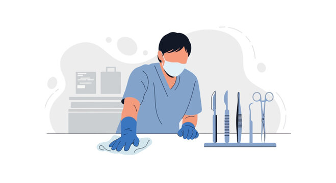 Medical professional sanitizing surface in clinic with surgical instruments
