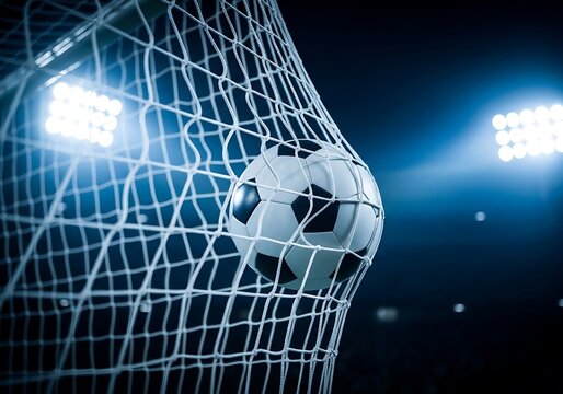 Soccer ball caught in goal net under stadium lights at night game