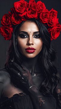 A woman with a floral headpiece and dramatic makeup
