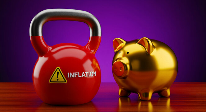 Red kettlebell labeled inflation next to a gold piggy bank on a wooden table. Heavy weight of economic pressure on personal savings and wealth. Financial crisis and budget management concept.