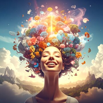A woman with a vibrant floral head and serene expression