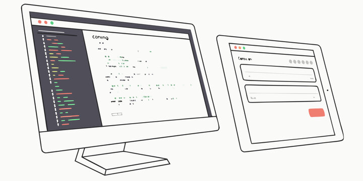 Software development process showing code on desktop monitor and responsive login form on tablet with web development responsive design user interface mobile application desktop computer line art