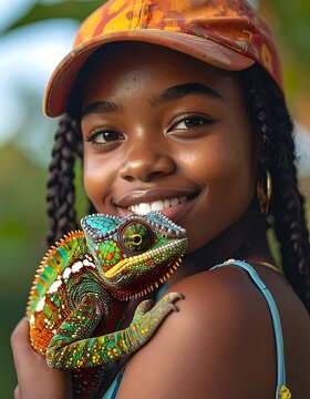 A woman with a vibrant hat and braids holds a colorful chameleon