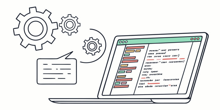 Collaborative coding and remote development: laptop displaying program code with communication bubble and gears illustration line art programming software development developer computer