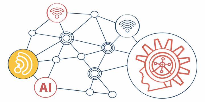Modern artificial intelligence (AI) and wireless communication network interconnection diagram. the graphic represents technology machine learning data exchange within a complex system big data