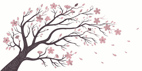 Graceful cherry blossom tree with light pink flowers and falling petals styled in a flowing vector illustration tree trunk illustration blossoming delicate seasonal romantic decorative © Mamun