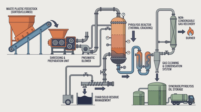 Plastic Pyrolysis Plant Vector Process Flow Waste to Fuel Diagram