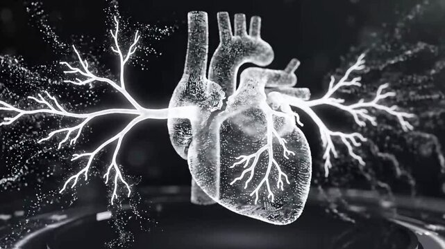 Digital 3D holographic human heart illustration with glowing white arteries and network particles on dark background