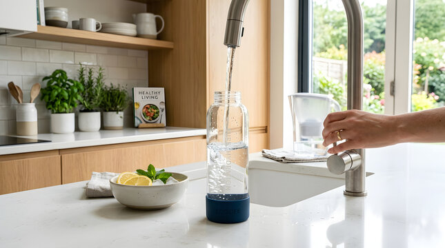 Person filling glass bottle with water in modern kitchen.