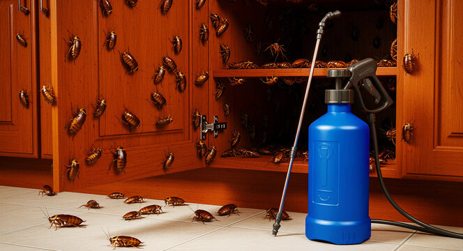 Cockroaches crawling on kitchen cabinets with a blue pesticide sprayer. Infestation in a home pantry with extermination equipment. Pest control concept for home hygiene and maintenance services.
