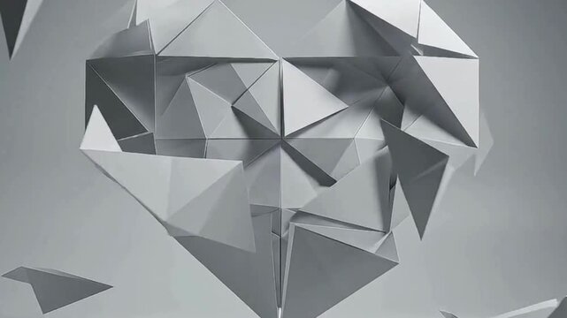 Abstract 3D geometric composition featuring sharp metallic gray triangles forming a fragmented sphere in a minimalist digital space