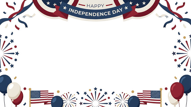 Fourth of July celebratory background featuring American flags balloons and fireworks in a flat frame design for national holiday greetings