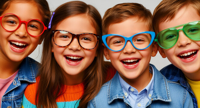 Group of happy children wearing colorful eyeglasses smiling. Kids showcasing various frames including red, blue, and green lenses. Pediatric optometry concept for optical retail marketing.