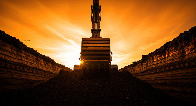 Excavator silhouette in a deep trench at sunset. Heavy machinery working on a construction site with an orange sky and sun flare. Earthmoving concept for industrial marketing and development.