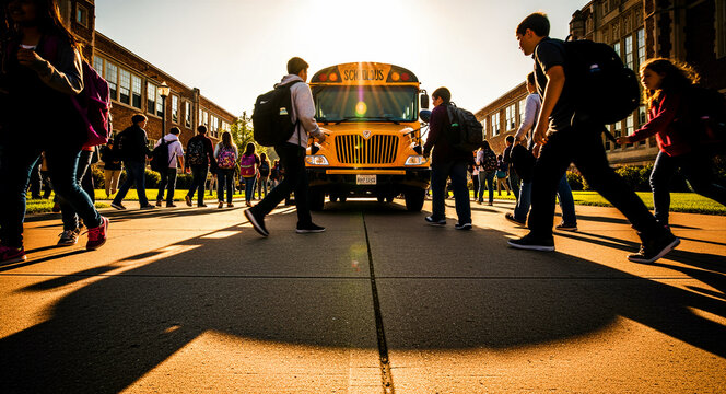 Students walking towards a yellow school bus in front of a school building. Teenagers carrying backpacks during sunset on a campus. Education concept, ideal for back-to-school marketing.