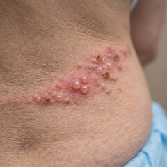 Fototapeta premium Extreme macro close-up of human lower back showing unilateral dermatomal vesicles with crusting and fine skin texture.