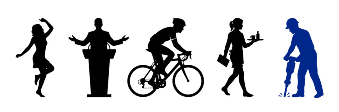 Professional Human Activity Silhouette Vector Icon Set Collection Featuring Dancing Woman, Public Speaker, Cyclist, Waitress Server and Construction Worker with Jackhammer Isolated on Transparent Back