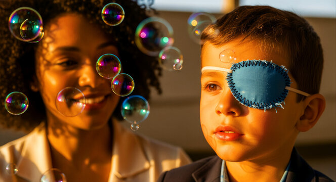 Young boy wearing a blue medical eye patch with soap bubbles floating around him. A woman smiles in the background during a playful session. Pediatric vision care and amblyopia treatment concept.