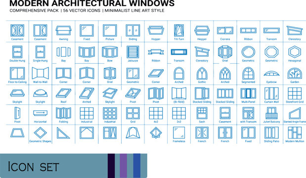 Print Modern Architectural Windows Comprehensive Pack - 100 Vector Icons in Minimalist Line Art Style for Construction Interior Design House Plans Elevation and Building Blueprints