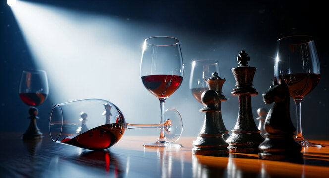 Chess pieces and red wine glasses on a table with one glass knocked over. Dramatic spotlight creates a moody atmosphere. Strategy and defeat concept for business or luxury marketing.