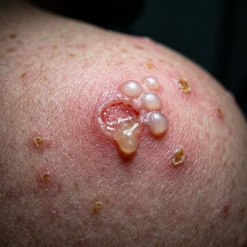 Macro view of an opened vesicle oozing serous fluid on human shoulder with surrounding unruptured vesicles and erythema.