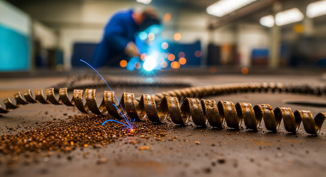Metal spiral shavings on workbench with blurred welder working in background. Industrial fabricator manufacturing steel components with sparks. Engineering and metallurgy concept for marketing.