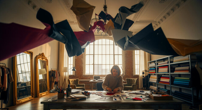 Designer working at desk with fabric swatches in the air. Creative professional in sunlit loft studio designing fashion. Artistic inspiration concept for apparel marketing and small business branding.