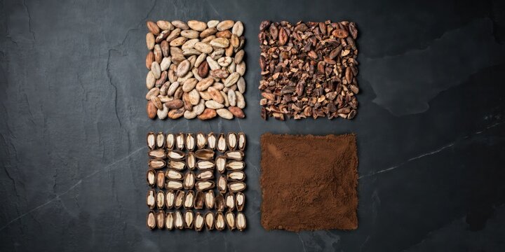 Four squares of assorted coffee beans on a dark surface