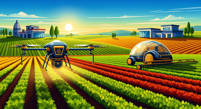 Agricultural drone and robotic tractor working in a modern field at sunrise. Smart farming technology monitoring crops in a lush rural landscape. Precision agritech concept for food production.