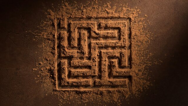 An intricate maze drawn in sand on a dark surface with a spotlight.