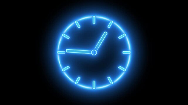 Glowing neon blue color clock icon animation watch stopwatch timer circle wall clock clock dial fast minute hours icon seamless effect footage on black background