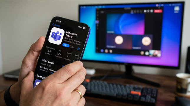 Closeup of a hand holding a smartphone displaying the Microsoft Teams app store page with a computer monitor in the background showing a live video conference call, remote work and office concept.