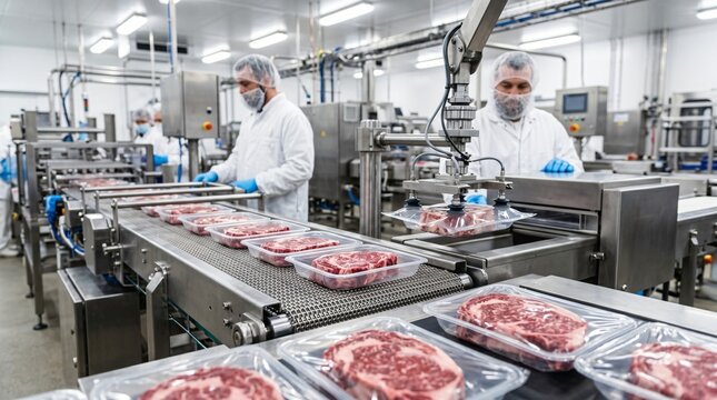 Meat packaging line with workers in sterile clothing and automated machinery processing vacuum sealed cuts