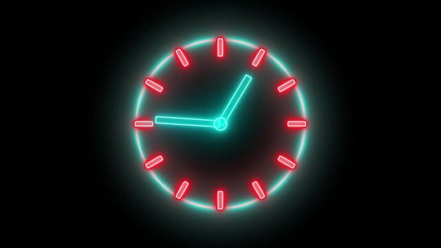 Glowing neon red and cyan color clock icon animation watch stopwatch timer circle wall clock clock dial fast minute hours icon seamless effect footage on black background