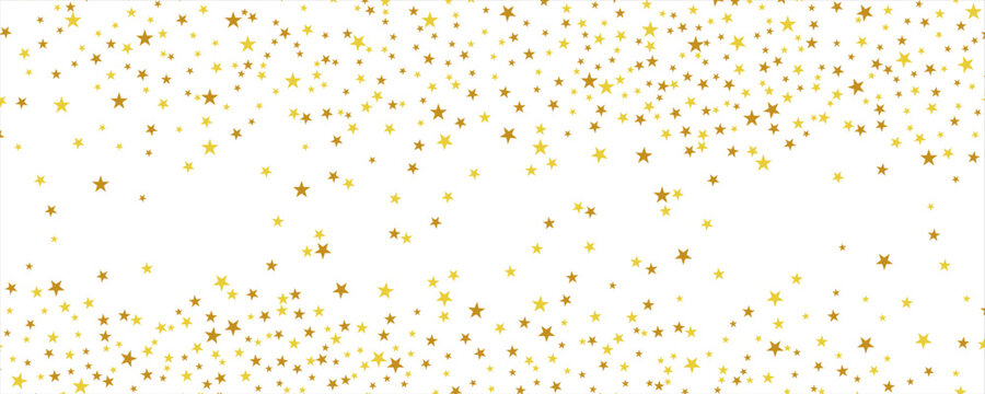 Falling down golden star confetti background. Splattered gold dotted glitter pattern. Yellow, orange, golden dot wallpaper. Christmas, New Year or birthday celebration party backdrop. Vector