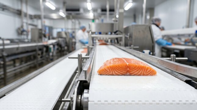 Fresh salmon fillet moving along a conveyor belt in a modern food processing factory