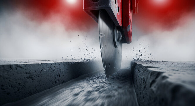 Industrial diamond saw blade cutting through asphalt. Circular cutter machine creating a trench with flying debris in a construction zone. Infrastructure repair concept for road maintenance marketing.