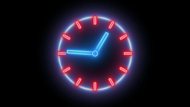 Glowing neon red and blue color clock icon animation watch stopwatch timer circle wall clock clock dial fast minute hours icon seamless effect footage on black background