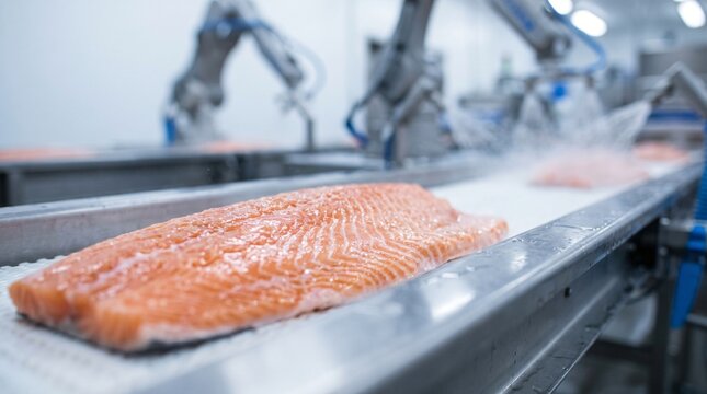Fresh salmon fillets processed on a conveyor belt with robotic arms in a clean facility