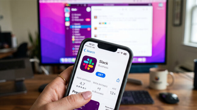 Closeup of a hand holding a smartphone displaying the Slack app store page with a computer monitor in the background showing the desktop interface, business communication software and workplace app.